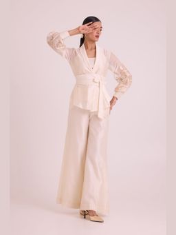 MADDER MUCH - White Reva - Blazer Wrap Top And Wide-Leg Pant with Co-Ords Sets