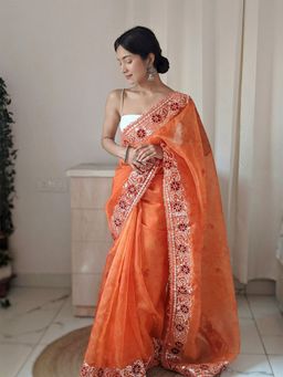 Odette - Orange Organza Saree with Unstitched Blouse