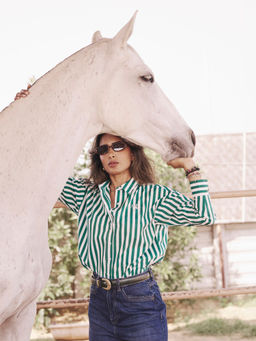 U.S. POLO ASSN. - Green and White Vertical Striped Oversized Fit Shirt