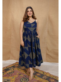 The Indian Ethnic Co. - Indigo A-Line Ajrakh Printed Cotton Dress With V Neck