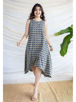 The Indian Ethnic Co. - Blue A-Line Ajrakh Printed Cotton Dress With Round Neck