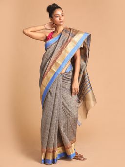 Indethnic - Blue Floral Cotton Blend Saree with Unstitched Blouse