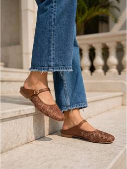 SHOE BEE - Women Brown Floral Pattern Net Mules