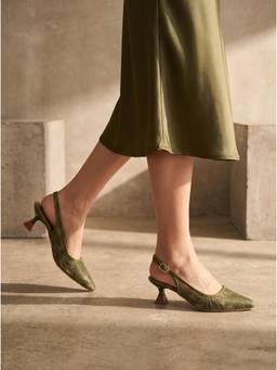 SHOE BEE - Green Elegant Floral Net Slingback Pointed Toe Heels for Women