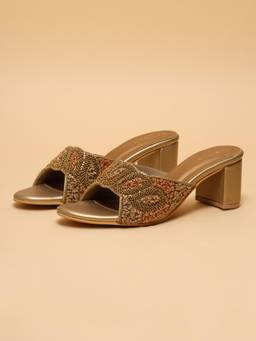 ERIDANI - Leyara Antique Bronze Embellished Block Heels for Women