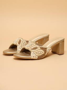 ERIDANI - Leyara Gold Embellished Block Heels for Women