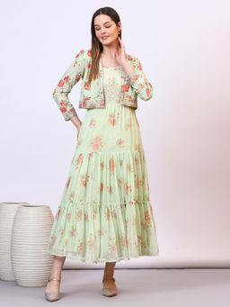 Aurelia - Green Polyester Round Neck Midi Dress with Jacket (Set of 2)