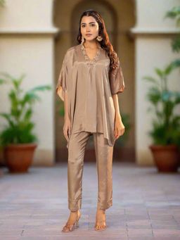 Kasya - Beige Viscose Shantoon Kaftan with Pant (Set of 2)