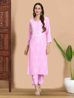 PARAMOUNT CHIKAN - Pink Hand Embroidered Lucknowi Chikankari Kurta with Palazzo (Set of 2)