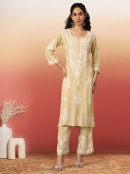 PARAMOUNT CHIKAN - Beige Hand Embroidered Lucknowi Chikankari Kurta with Palazzo (Set of 2)