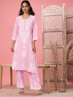 PARAMOUNT CHIKAN - Pink Hand Embroidered Lucknowi Chikankari Kurta with Palazzo (Set of 2)
