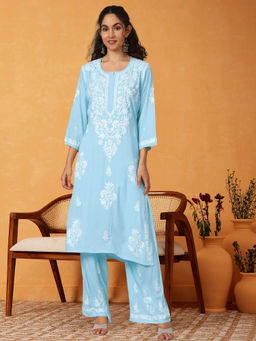 PARAMOUNT CHIKAN - Turquoise Hand Embroidered Lucknowi Chikankari Kurta with Palazzo (Set of 2)