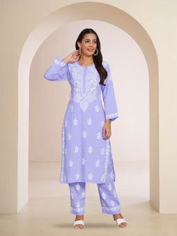 PARAMOUNT CHIKAN - Mauve Hand Embroidered Lucknowi Chikankari Kurta with Palazzo (Set of 2)
