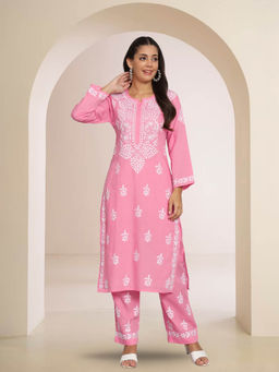 PARAMOUNT CHIKAN - Pink Hand Embroidered Lucknowi Chikankari Kurta with Palazzo (Set of 2)
