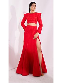 Vidhi Wadhwani - Red Ania Top with Skirt (Set of 2)