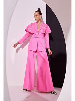 Vidhi Wadhwani - Pink Gaia Capelet Pant with Blazer and Belt (Set of 3)