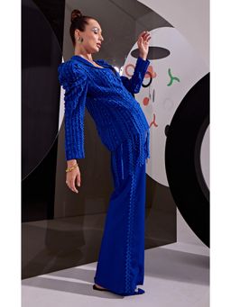 Vidhi Wadhwani - Blue Maxim All Over Applique Jacket with Wide Pant (Set of 2)