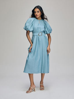 RSVP by Nykaa Fashion - Blue Raglan Puff Sleeves Midi Dress with Belt (Set of 2)