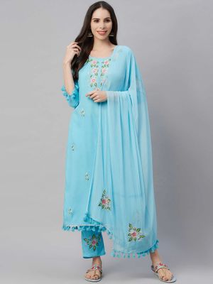 Women Sky Blue Liva Rayon Kurta Comfort Pant Dupatta main image 1