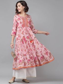 Rain & Rainbow - Women Pink & Green Floral Print Tiered Anarkali Kurta With Tie-Ups