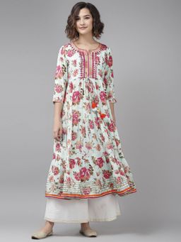 Rain & Rainbow - Women Sea Green & Orange Floral Print Tiered Anarkali Kurta With Tie-Ups
