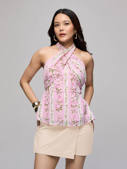 Twenty Dresses by Nykaa Fashion - Pink Chiffon Halter Neck Peplum Top
