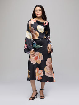 Twenty Dresses by Nykaa Fashion - Black Floral Cross Hem Top And Midi Skirt Co Ord Set