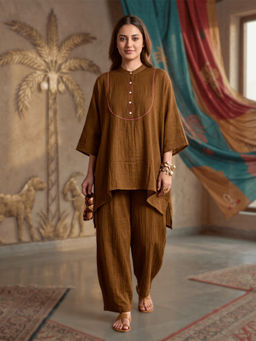 "Two Sisters" by Gyans - Brown Relaxed High Low Co-Ord Set