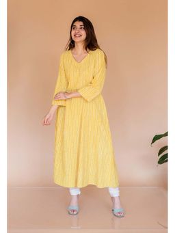 The Indian Ethnic Co. - Yellow Hand Block Printed Slub Cotton Kali Kurta