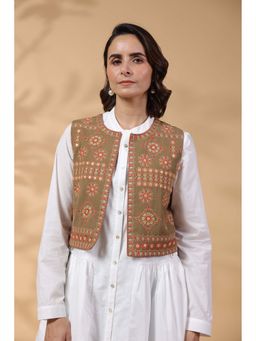 STIL-O-STITCH - Women Olive Colour Indian Wear Sleeveless Shrug