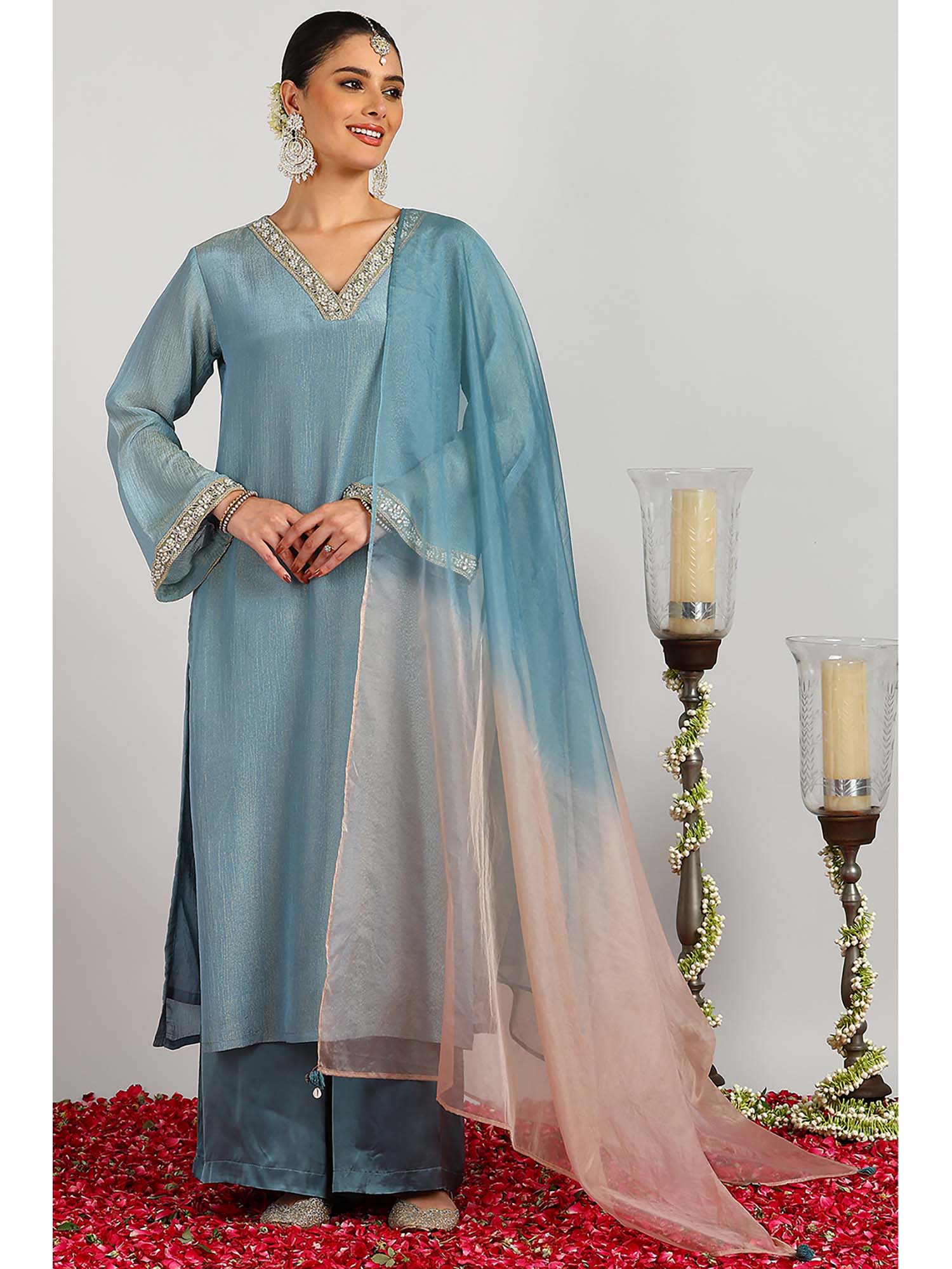 Blue - Beige Ombre Organza Dupatta-image-28