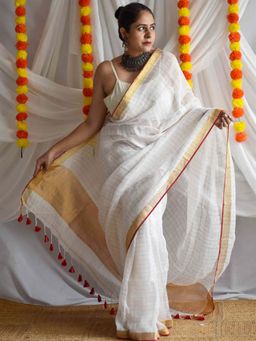 Sundarii - Durga - Linen Zari Saree With Unstitched Blouse - White