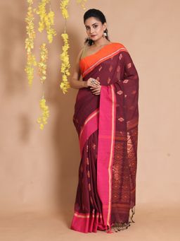 CHARUKRITI - Jam Maroon Cotton Handwoven Zari & Dual Borders Saree with Unstitched Blouse