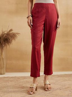 Fabindia - Maroon Solid/Plain Regular Straight Pant