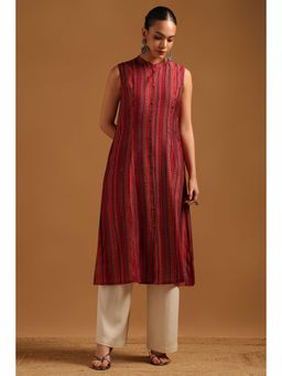 Soch - Maroon Stripes Sleeveless Kurta And Unstitched sleeves