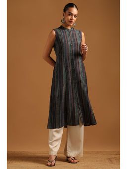 Soch - Navy Blue Stripes Sleeveless Kurta And Unstitched sleeves