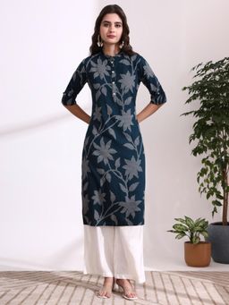 Divena - Blue Floral Three Fourth Sleeves Kurta