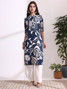 Divena - Blue Floral Three Fourth Sleeves Kurta