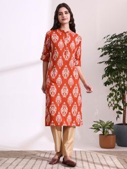 Divena - Orange Printed Three Fourth Sleeves Kurta