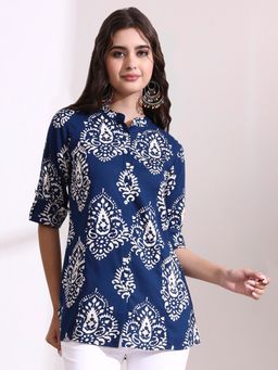 Divena - Blue Printed Three Fourth Sleeves Regular Tunic