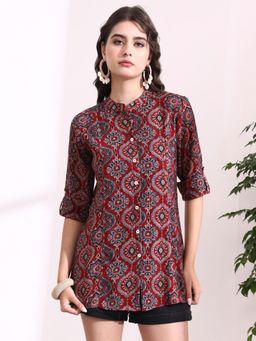Divena - Red Printed Three Fourth Sleeves Regular Tunic