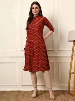 Divena - Maroon Printed Three Fourth Sleeves Kurta