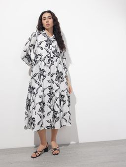 Divena - White Printed Full Sleeves Midi Dress