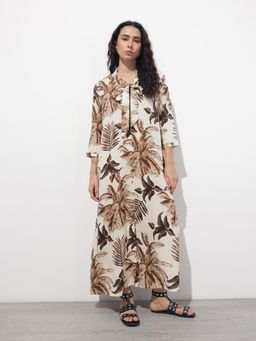 Divena - Cream Printed Three Fourth Sleeves Maxi Dress