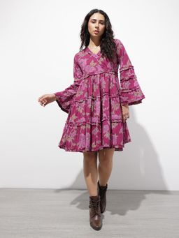 Divena - Purple Floral Full Sleeves Midi Dress