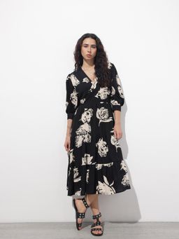 Divena - Black Printed Three Fourth Sleeves Midi Dress