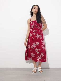 Divena - Maroon Floral Sleeveless Midi Dress