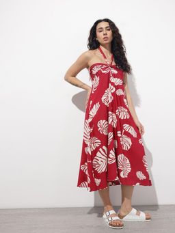 Divena - Maroon Printed Sleeveless Midi Dress