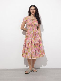 Divena - Multi-Color Floral Puff Sleeves Midi Dress