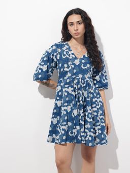 Divena - Blue Printed Half Sleeves Mini Dress